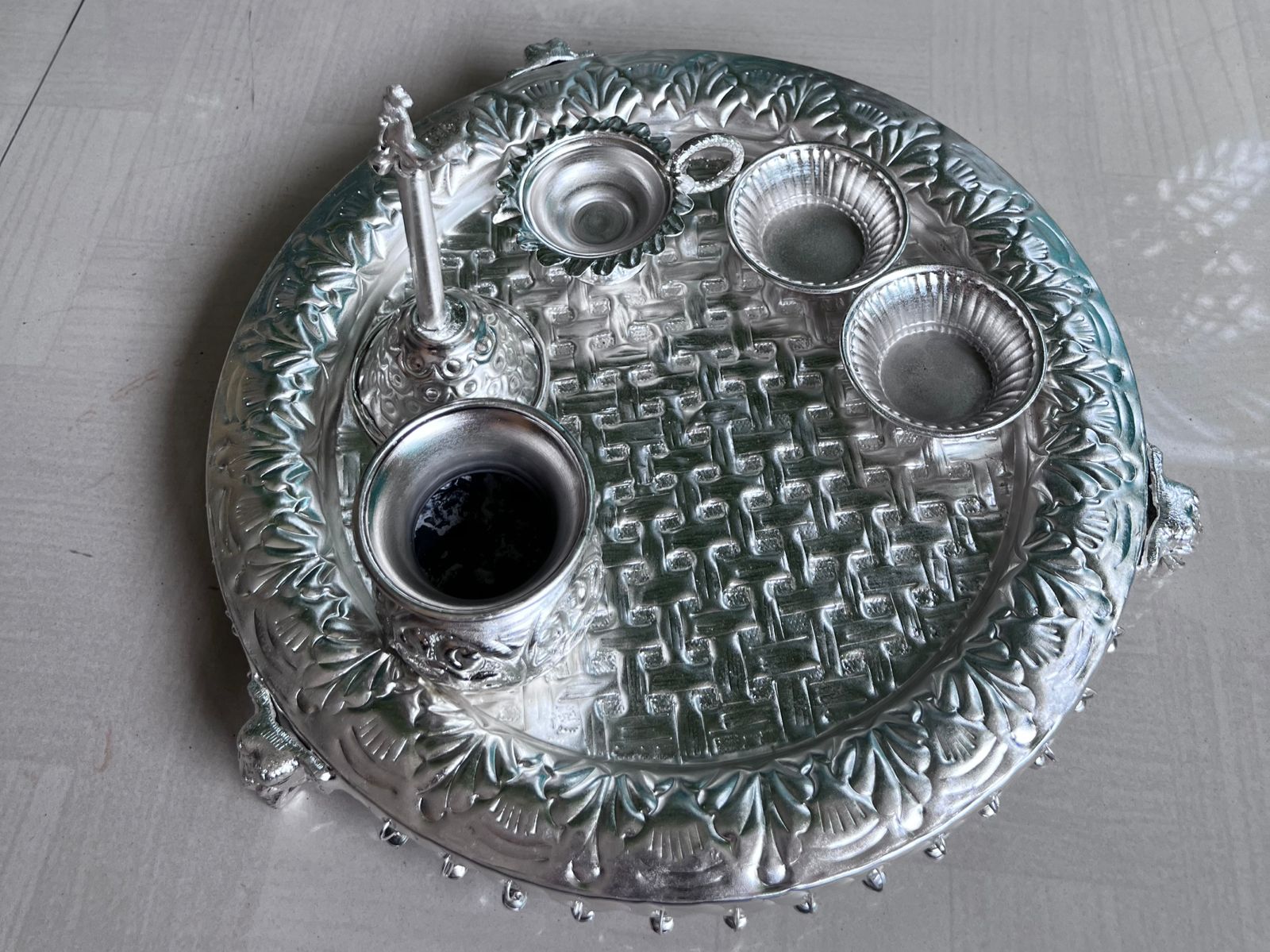 german silver Checkered elephant ghunghroo pooja thali set for diwali/ housewarming